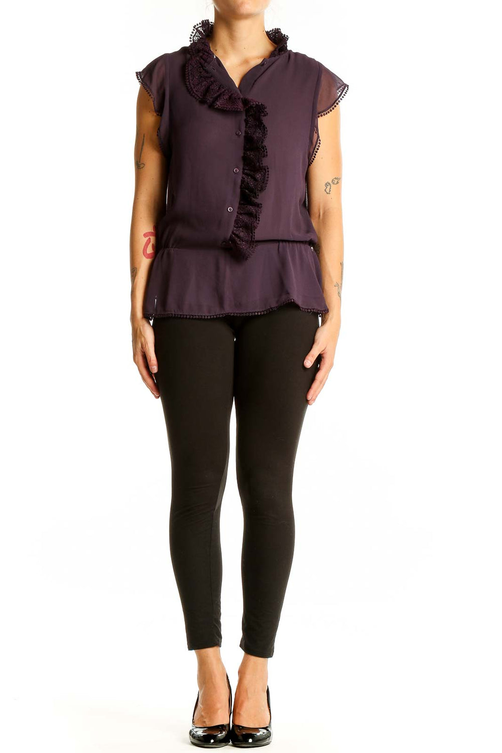 Front view of purple sleeveless blouse with ruffled neckline