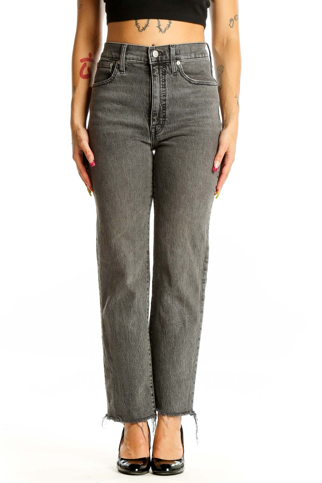 Front view of Madewell gray high-rise straight-leg jeans