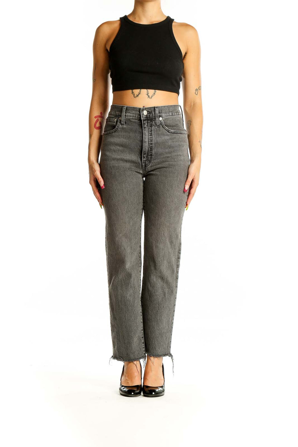 Front view of Madewell gray high-rise straight-leg jeans