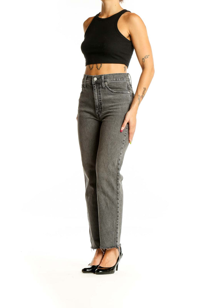 Front view of Madewell gray high-rise straight-leg jeans