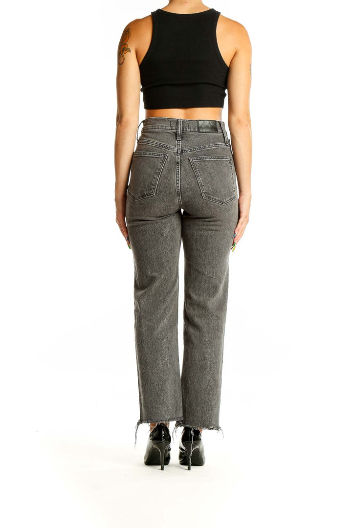 Back view of Madewell gray high-rise straight-leg jeans