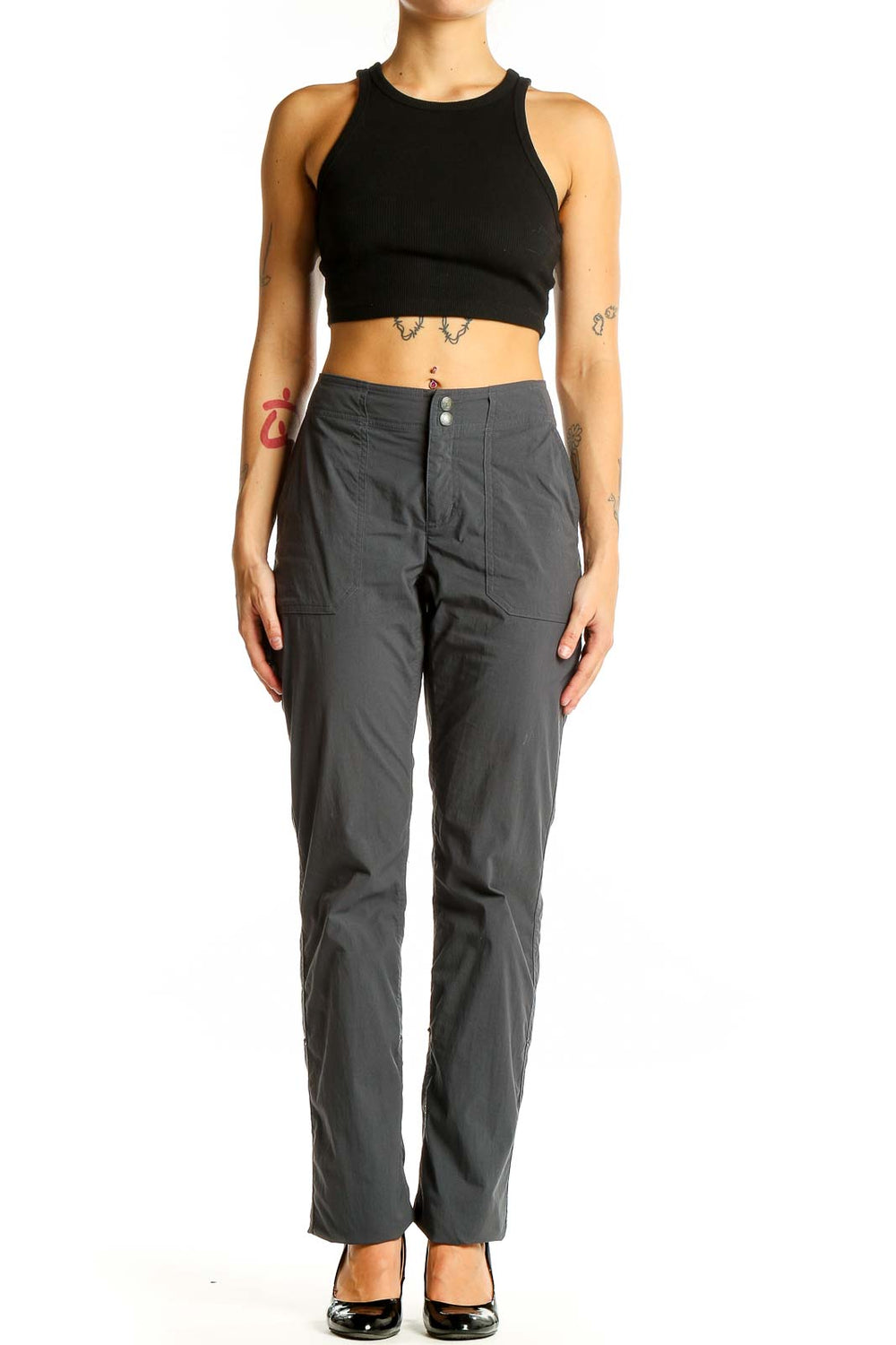 Front view of gray Exofficio activewear pants on model