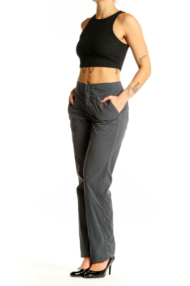 Front view of gray Exofficio activewear pants on model