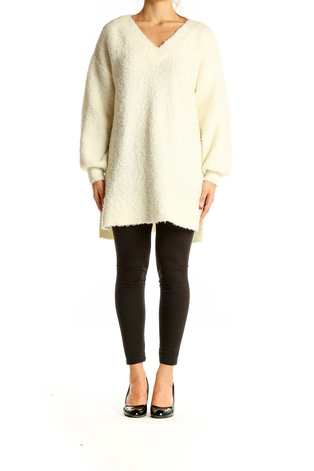 Front view of cream oversized V-neck fuzzy sweater by Pilcro