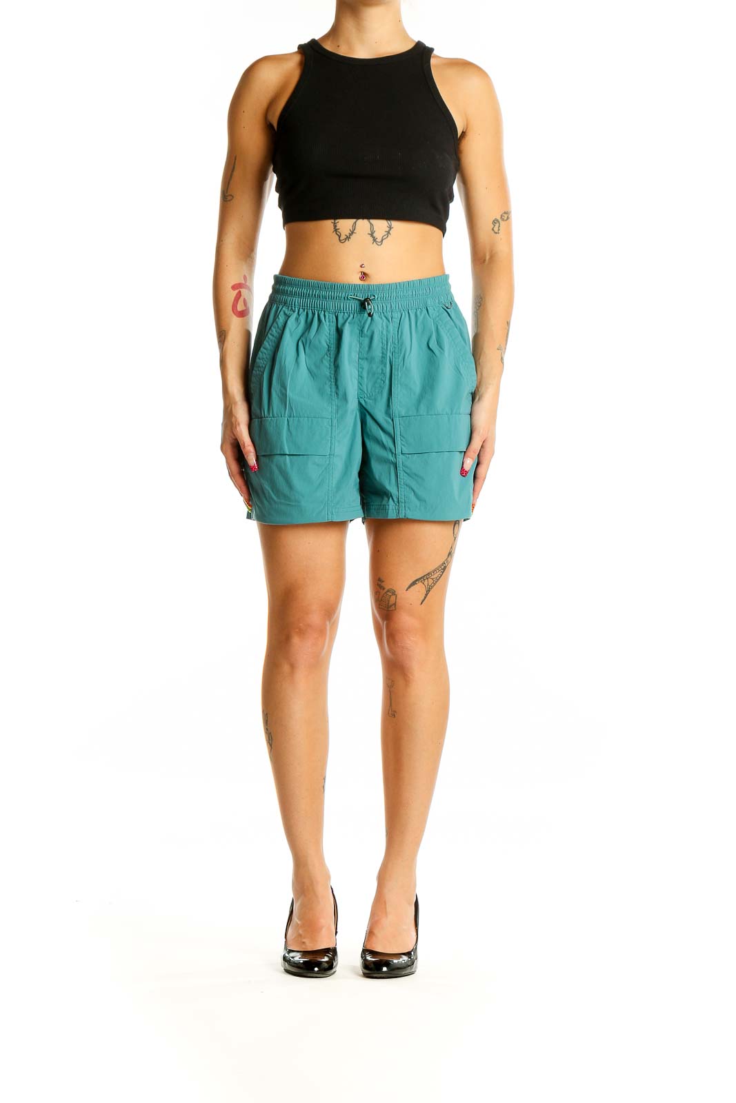 Front view of teal REI COOP activewear shorts with elastic waistband and front pockets