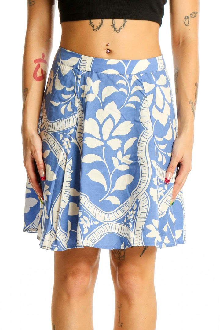 Front view of Marine Layer blue floral A-line skirt on model