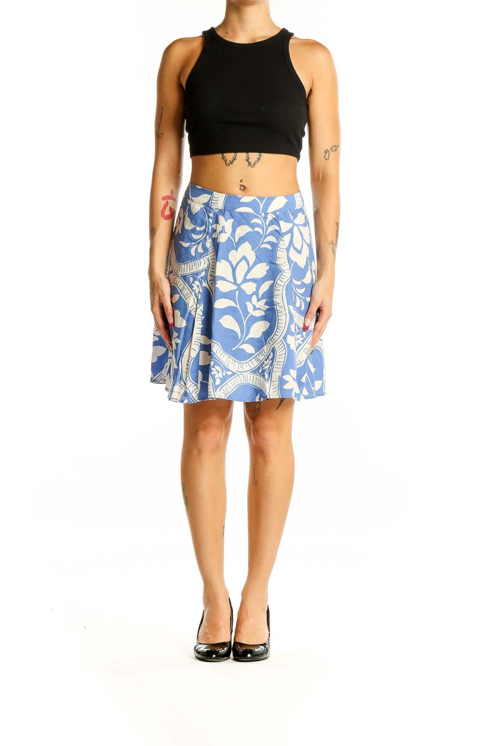 Front view of Marine Layer blue floral A-line skirt on model