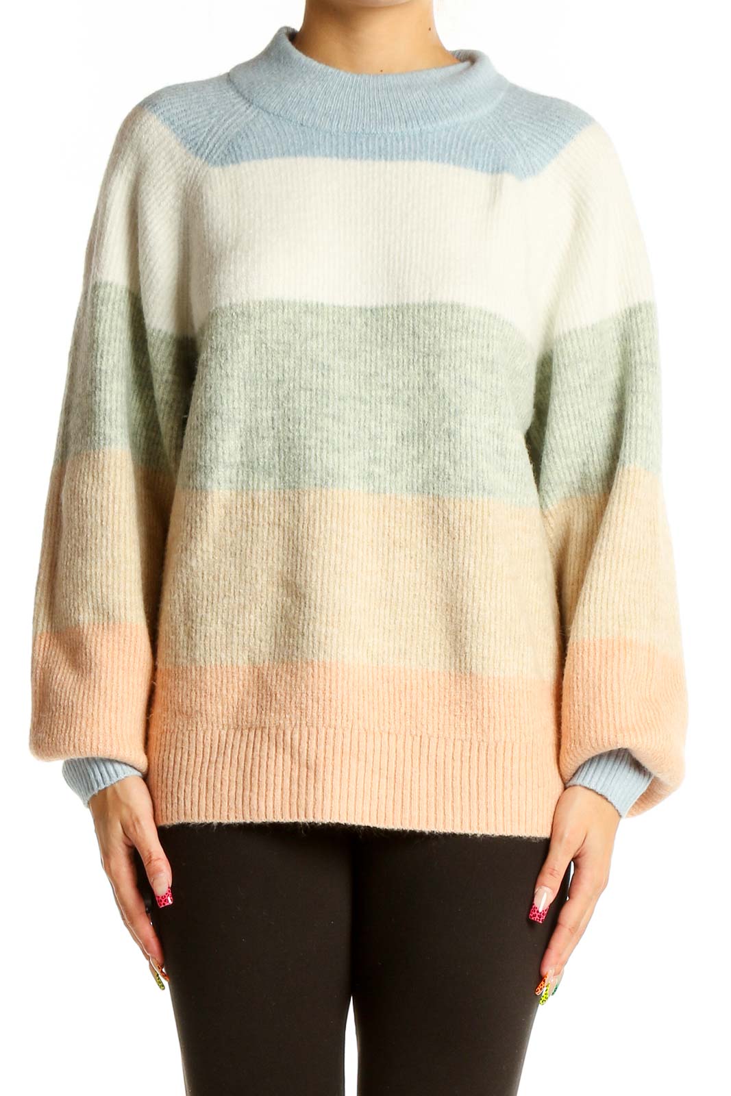 Front view of Gap pastel striped mock neck sweater with relaxed fit