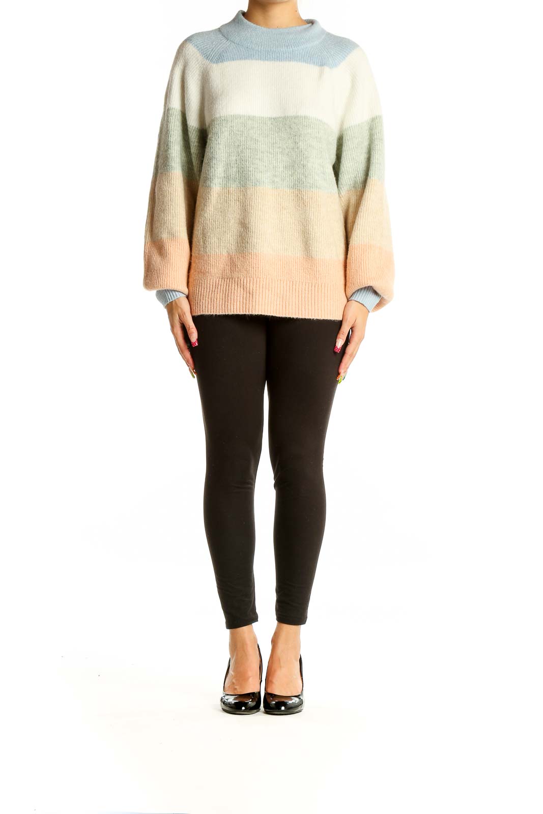 Front view of Gap pastel striped mock neck sweater with relaxed fit