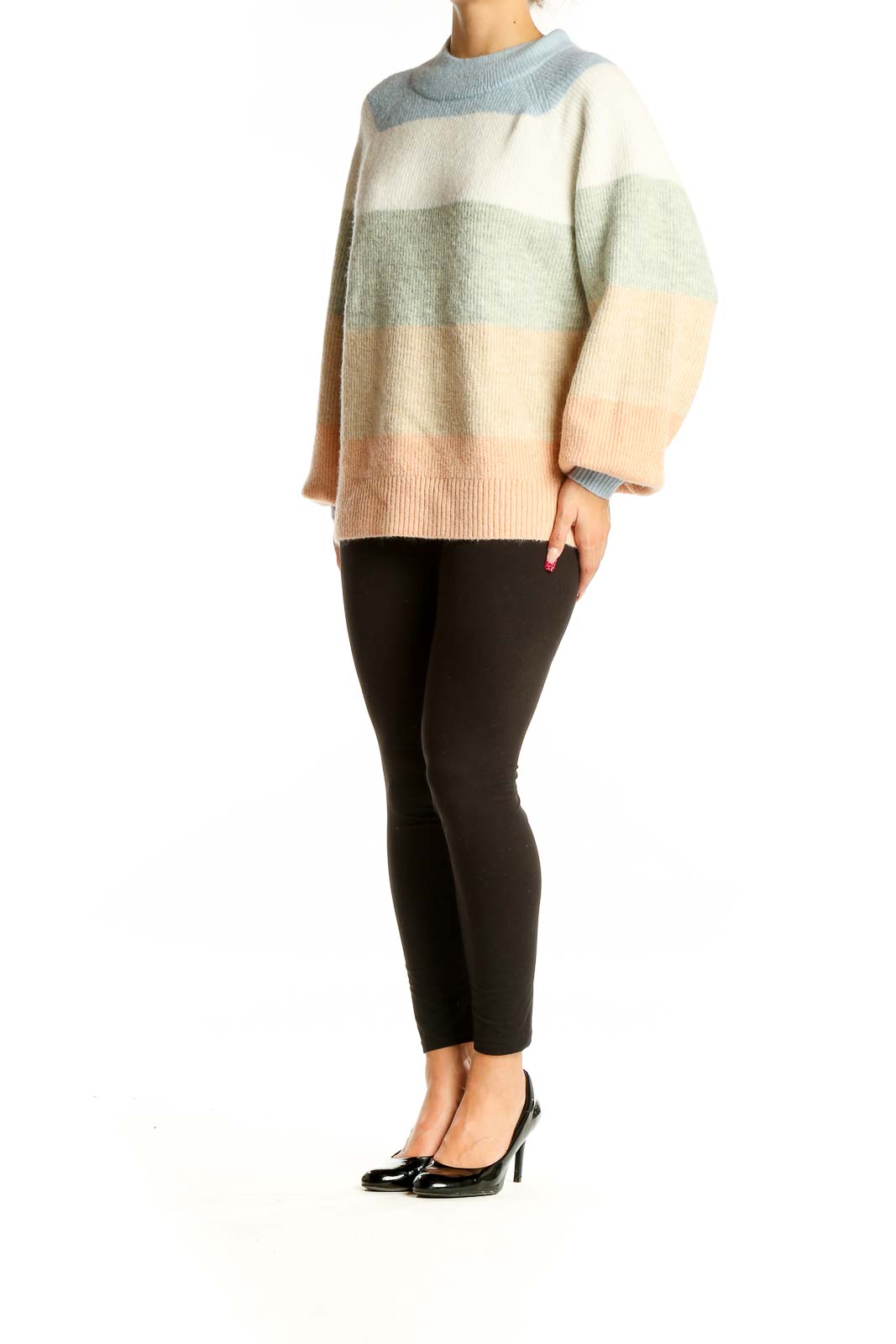 Front view of Gap pastel striped mock neck sweater with relaxed fit