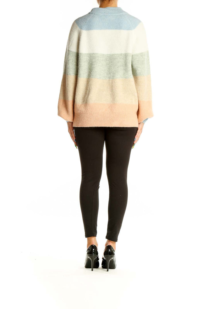 Back view of Gap pastel striped mock neck sweater showing full length and fit