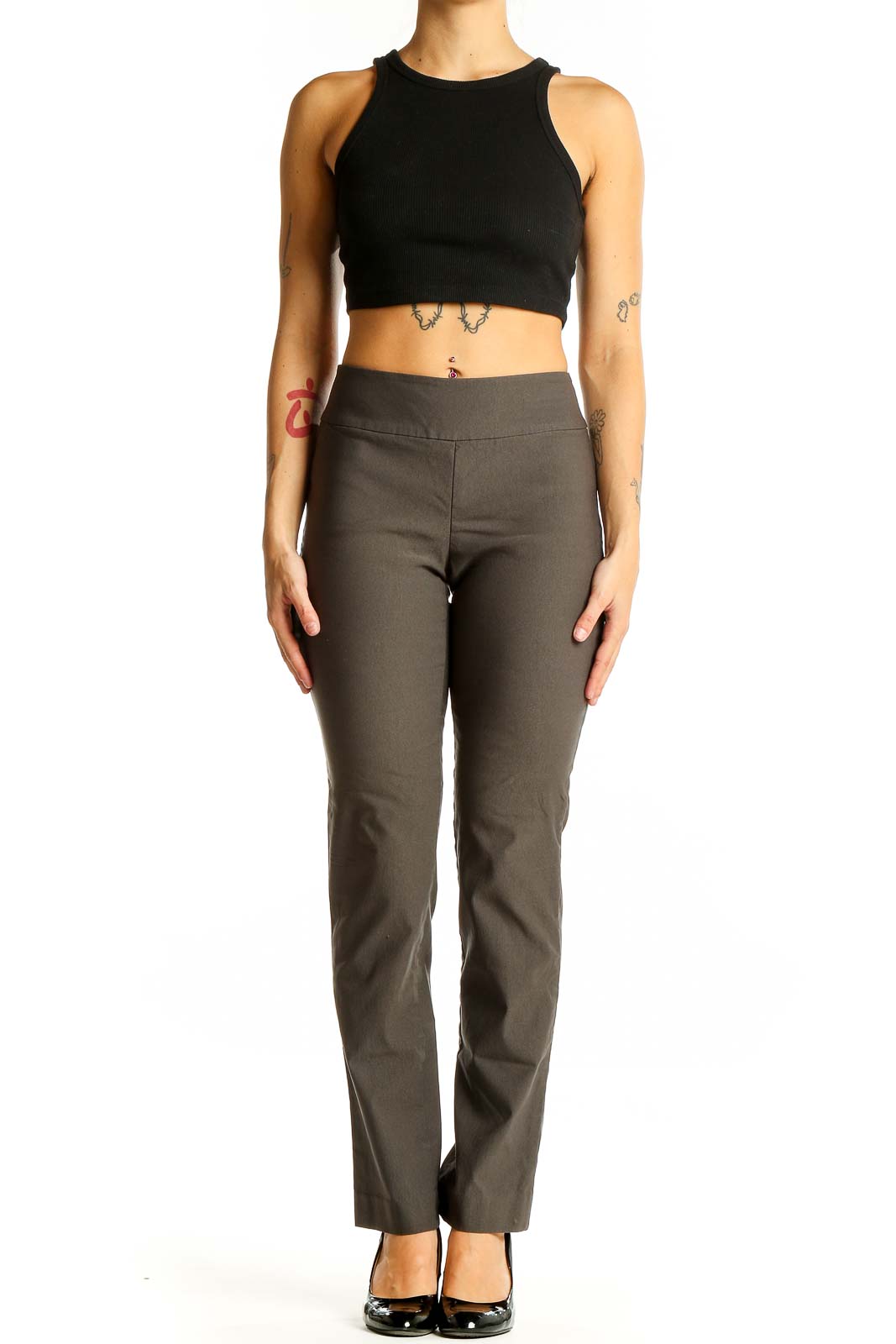 Front view of NIC + ZOE olive straight-leg pants with black crop top