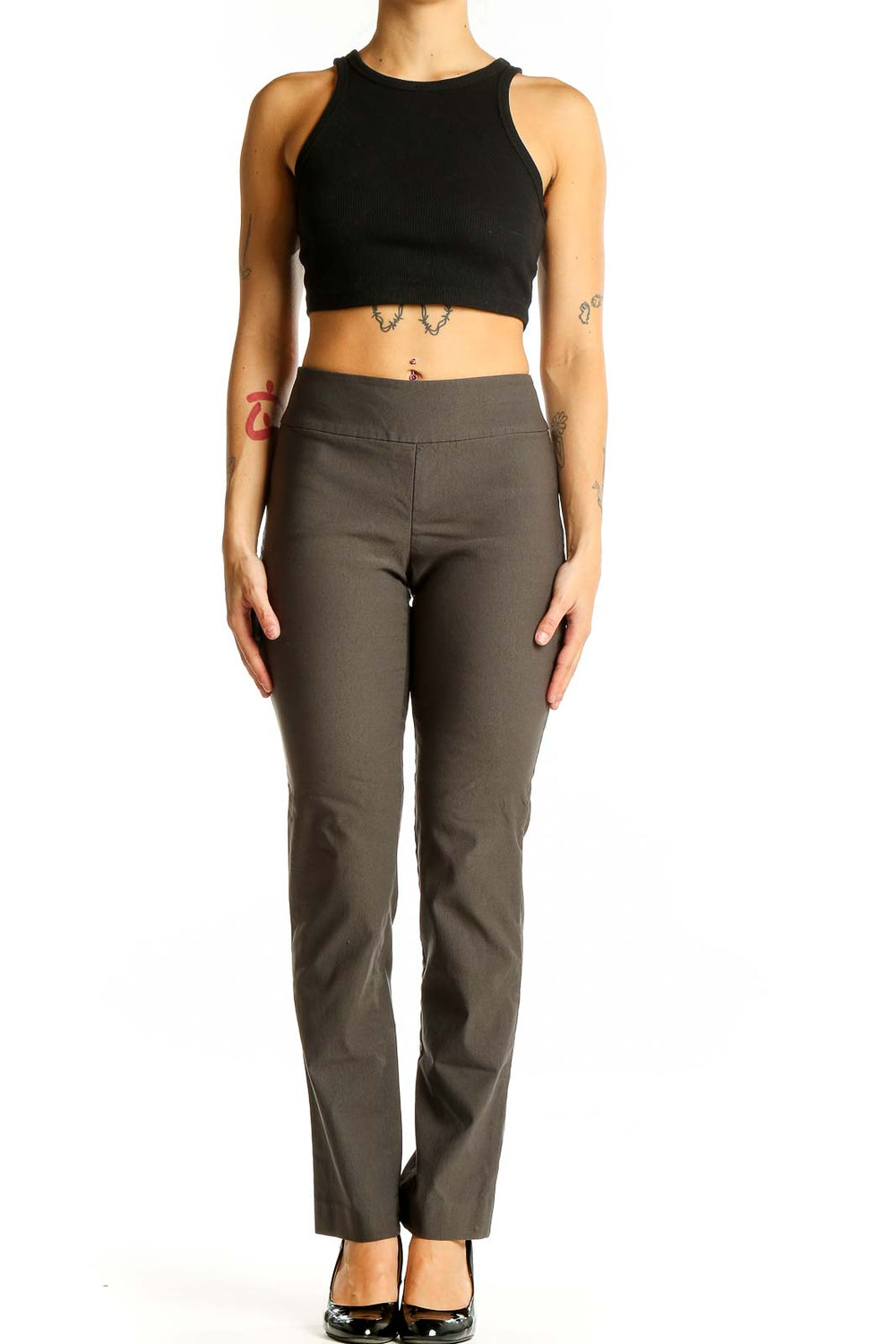 Front view of NIC + ZOE olive straight-leg pants with black crop top