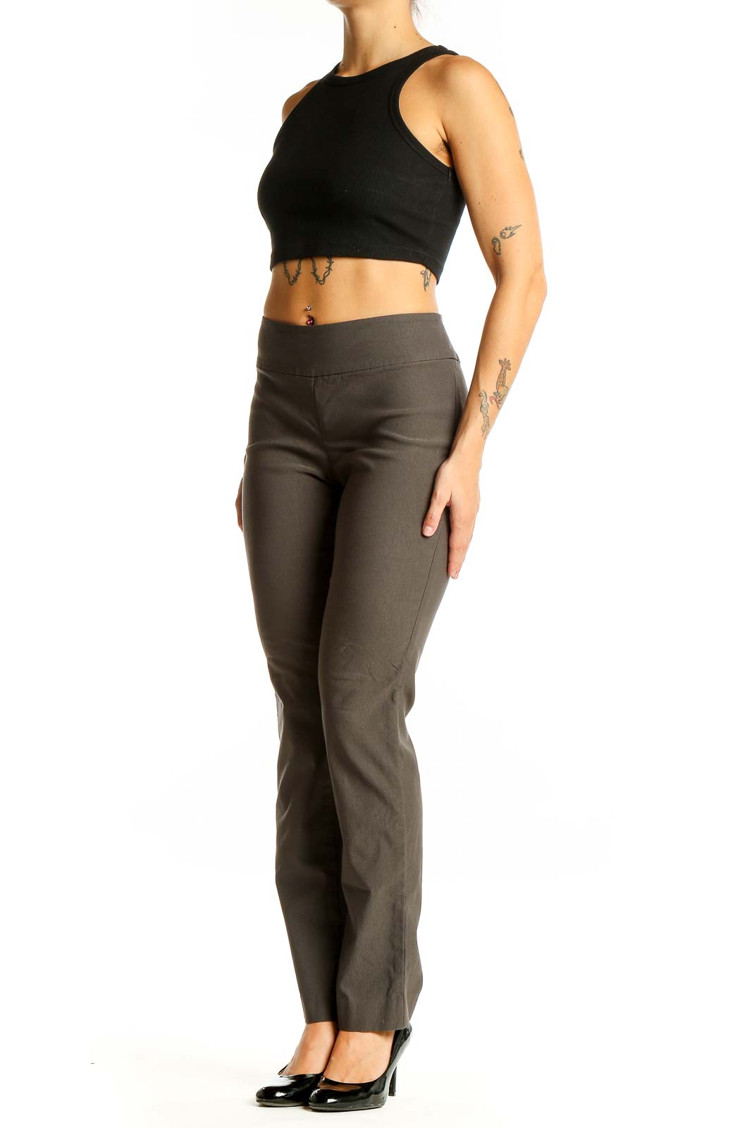 Front view of NIC + ZOE olive straight-leg pants with black crop top