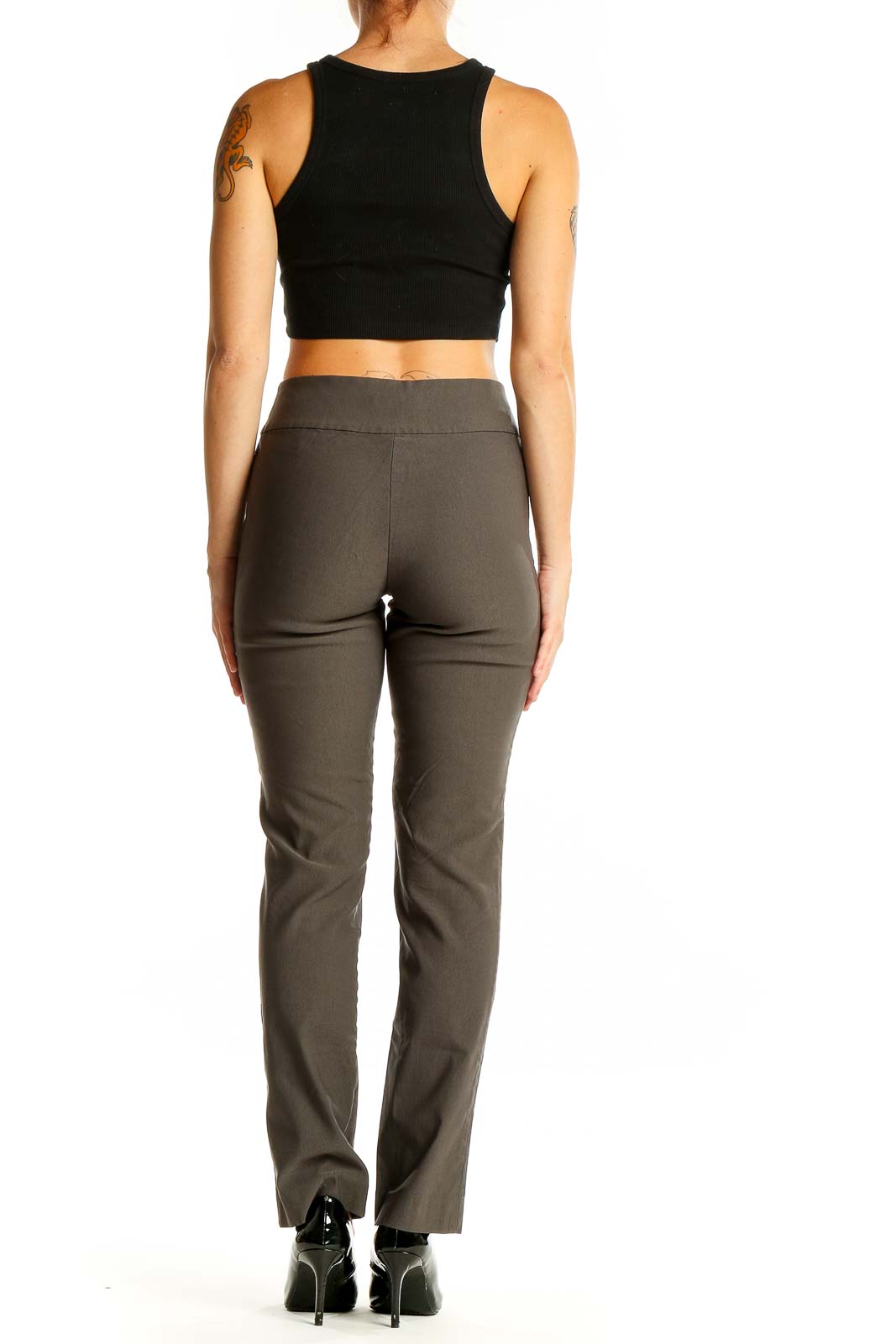 Back view of NIC + ZOE olive straight-leg pants with black crop top