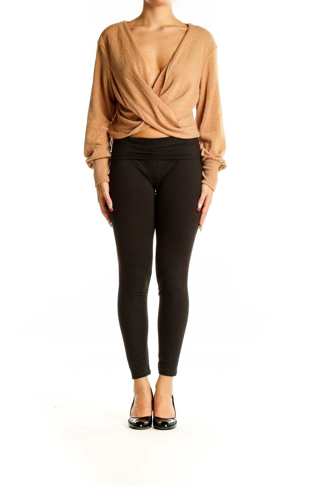 Camel Wrap-Front Cropped Sweater