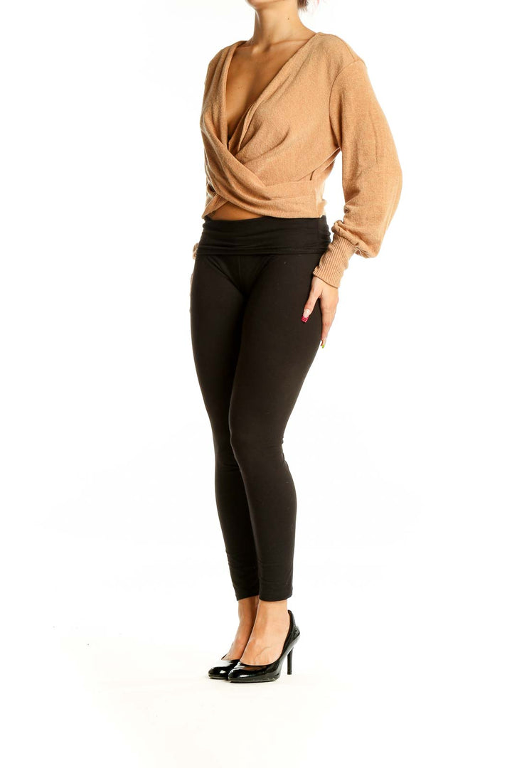 Camel Wrap-Front Cropped Sweater