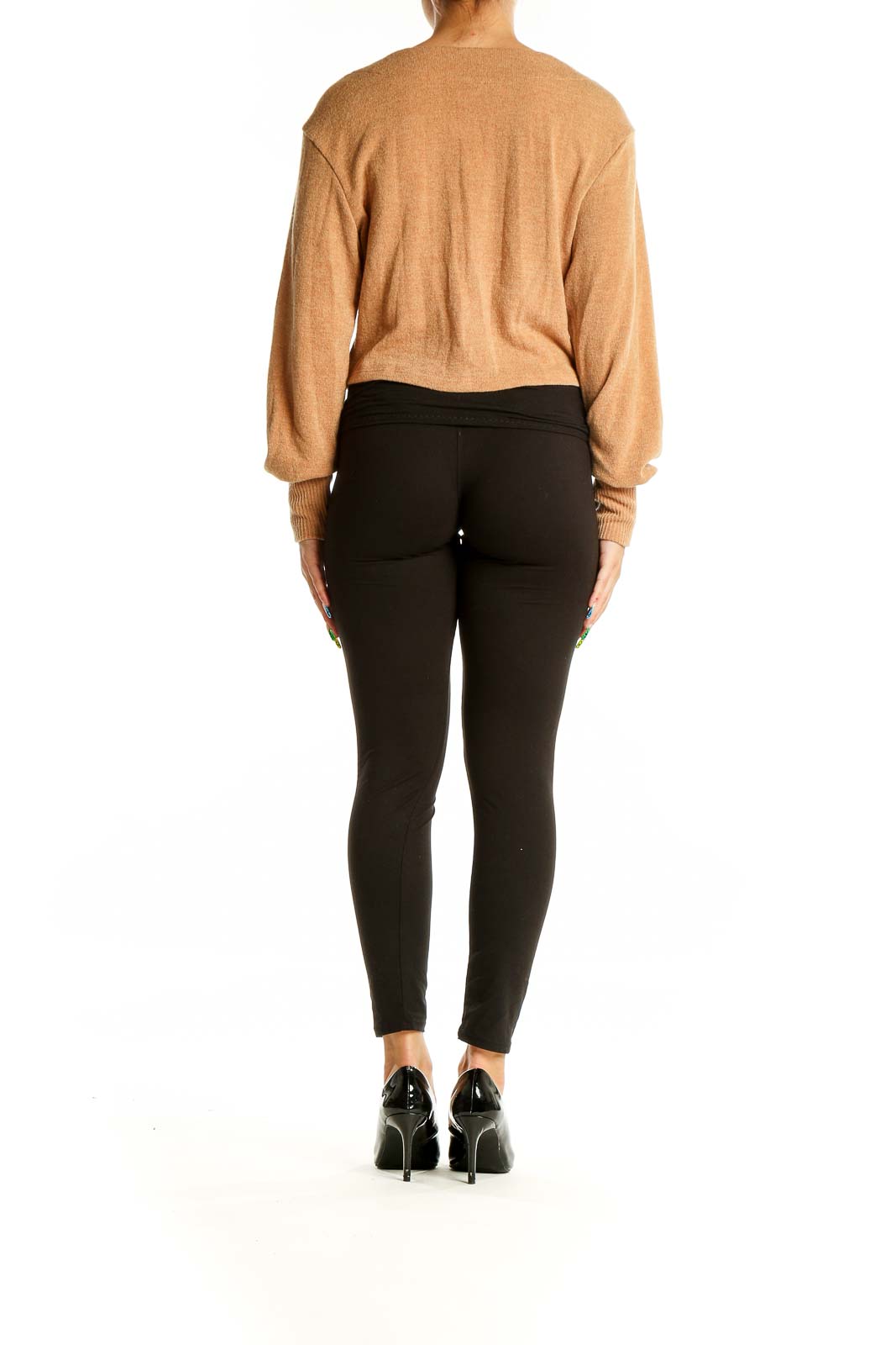 Camel Wrap-Front Cropped Sweater