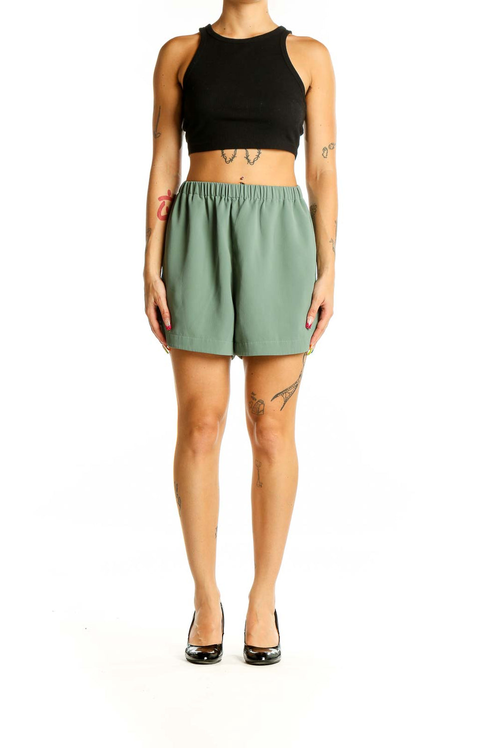 Front view of sage green NAP polyester shorts with elastic waistband