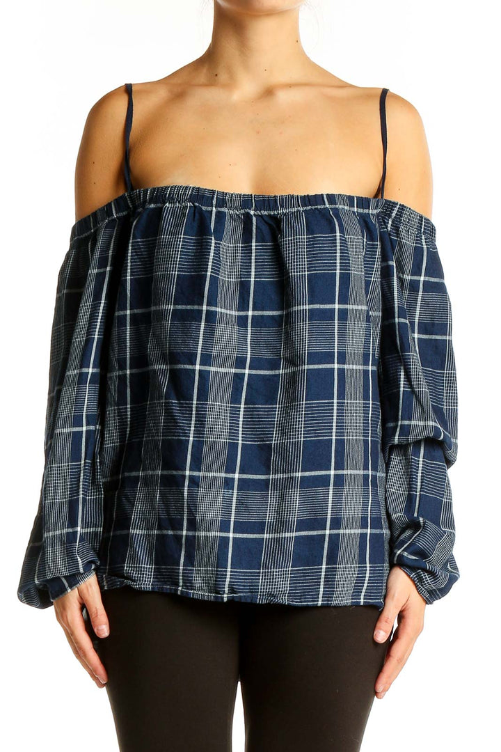 Front view of navy plaid off-shoulder cotton top by cloth & stone