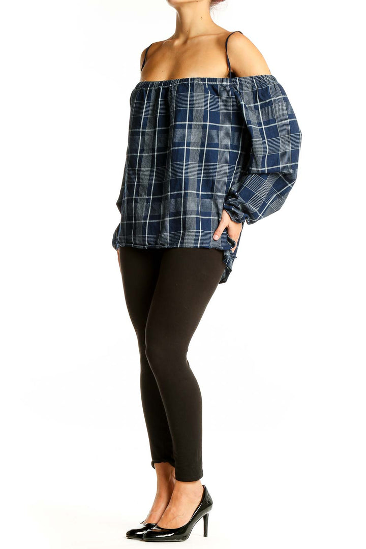 Front view of navy plaid off-shoulder cotton top by cloth & stone