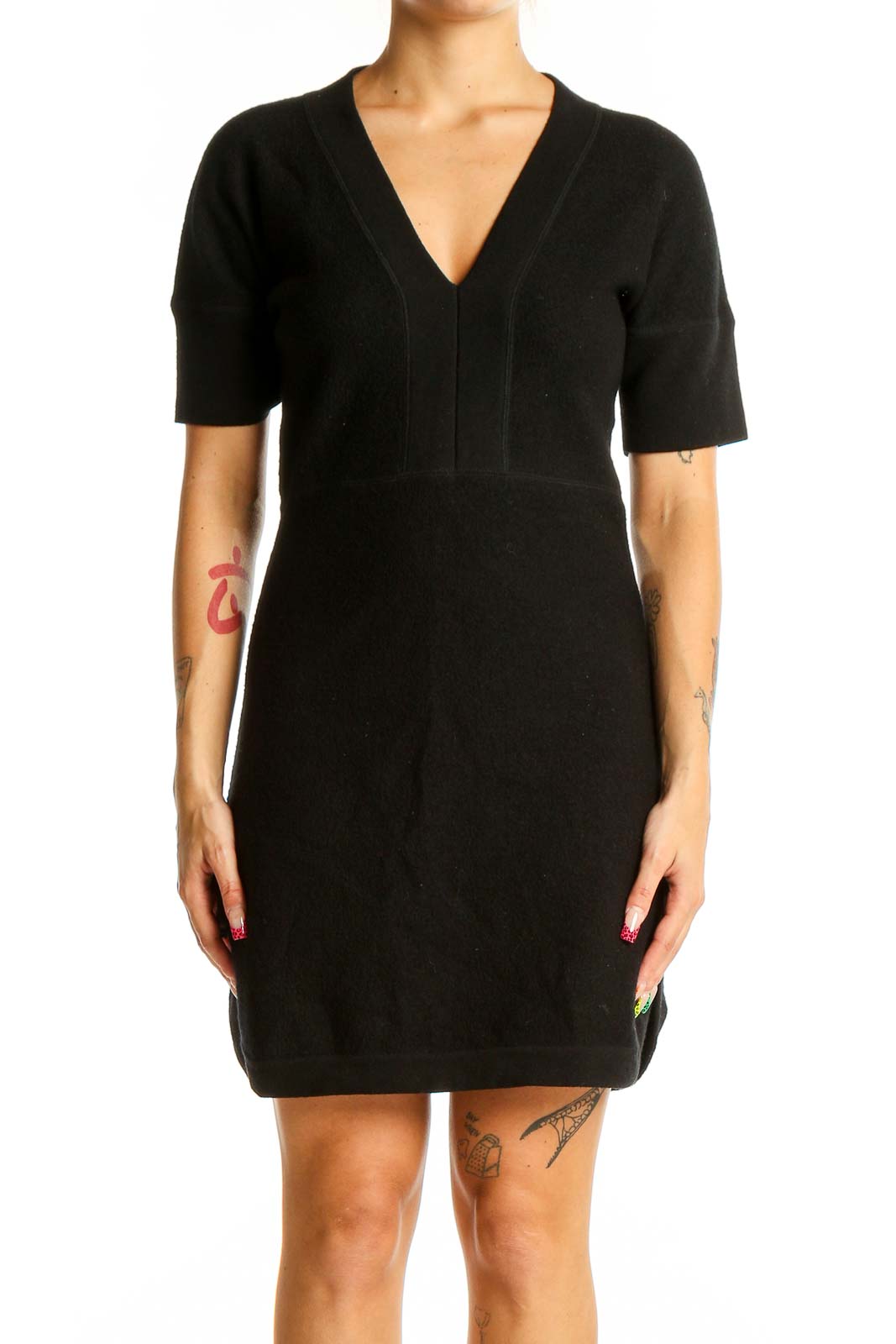 Front view of Karen Millen black V-neck short sleeve wool dress