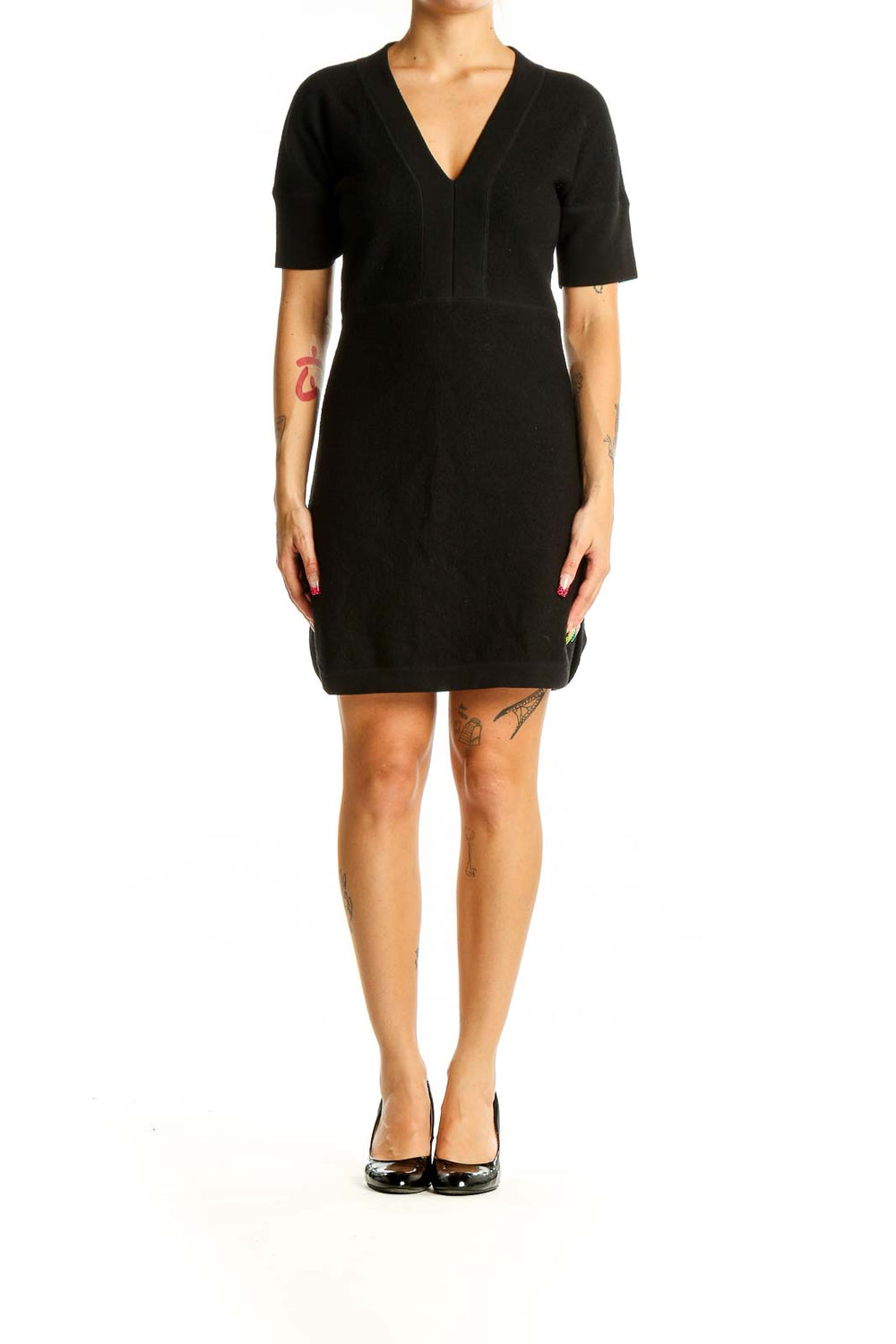 Front view of Karen Millen black V-neck short sleeve wool dress