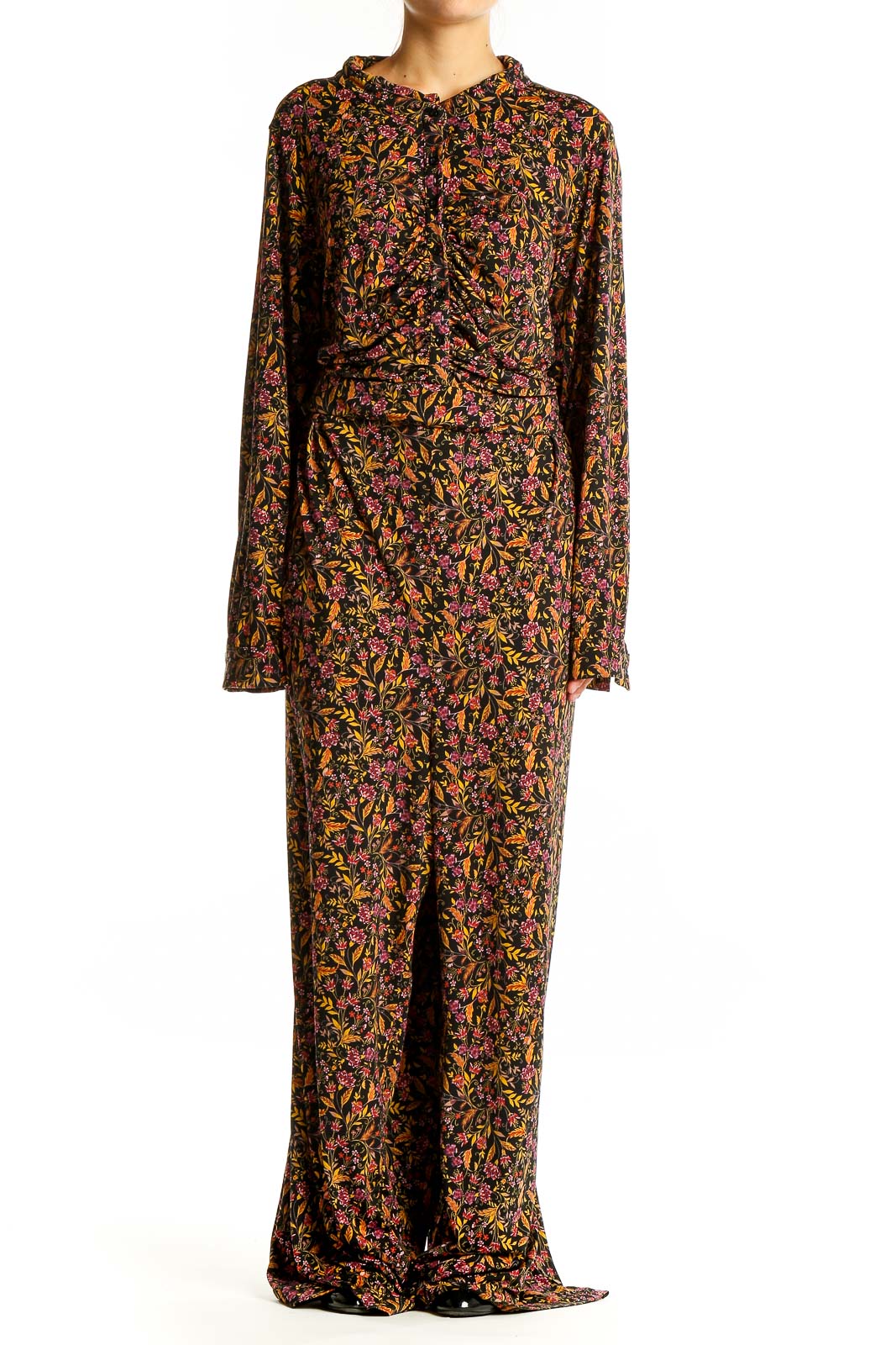 Front view of Torrid black floral print long sleeve jumpsuit