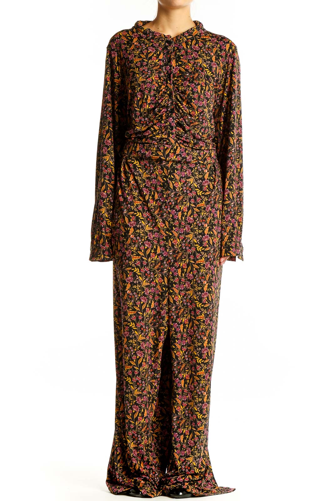 Front view of Torrid black floral print long sleeve jumpsuit