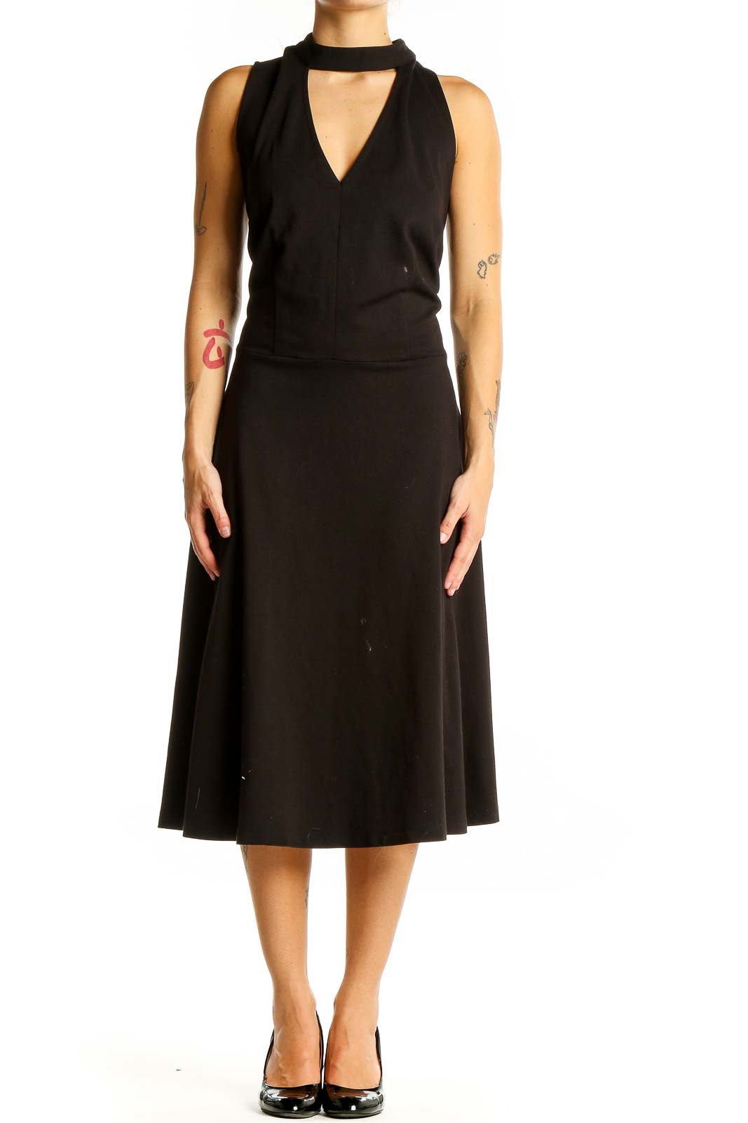 Front view of black Eloquii midi dress with choker neckline and V-cut