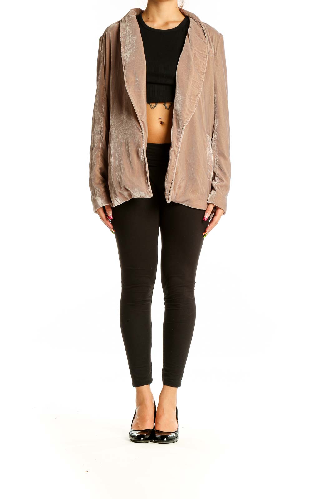 Front view of Free People beige velvet open front jacket on model