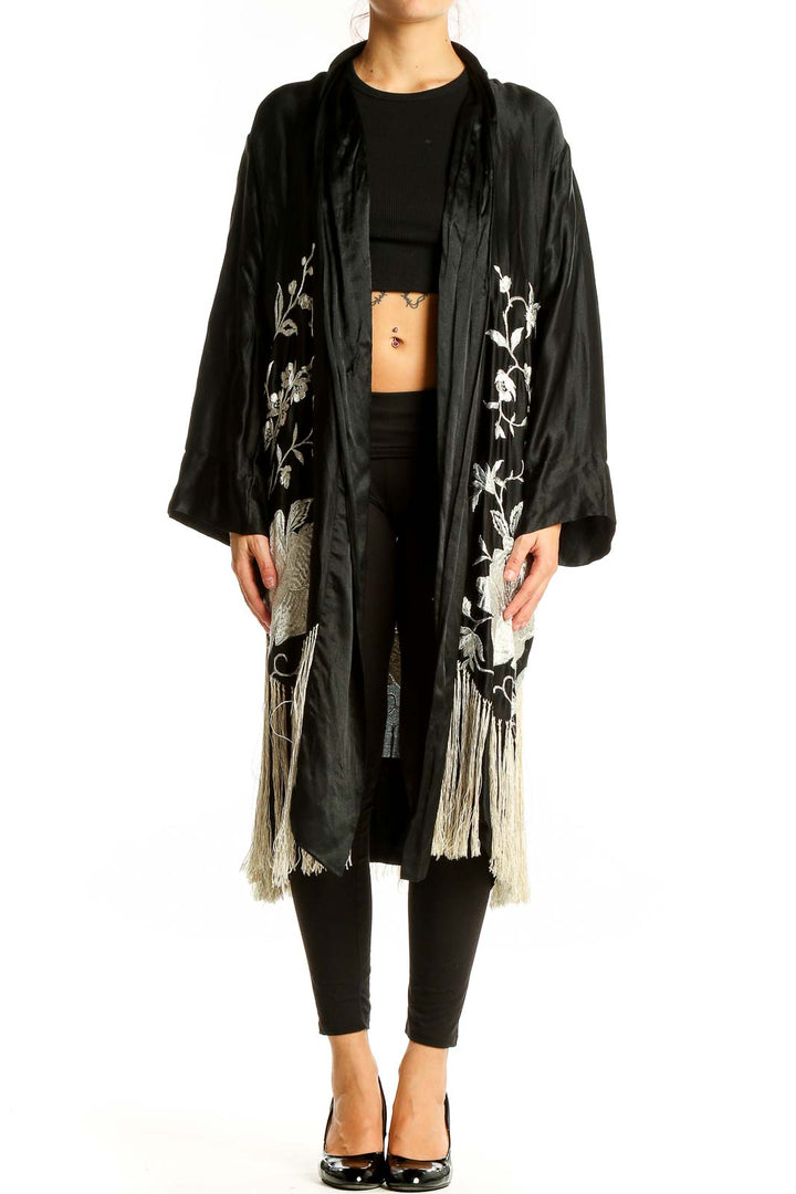 Black White Vintage Floral Embroidery Kimono