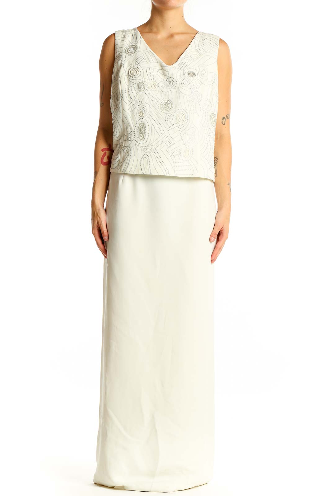 Front view of white R&M Richards maxi dress with embroidered overlay