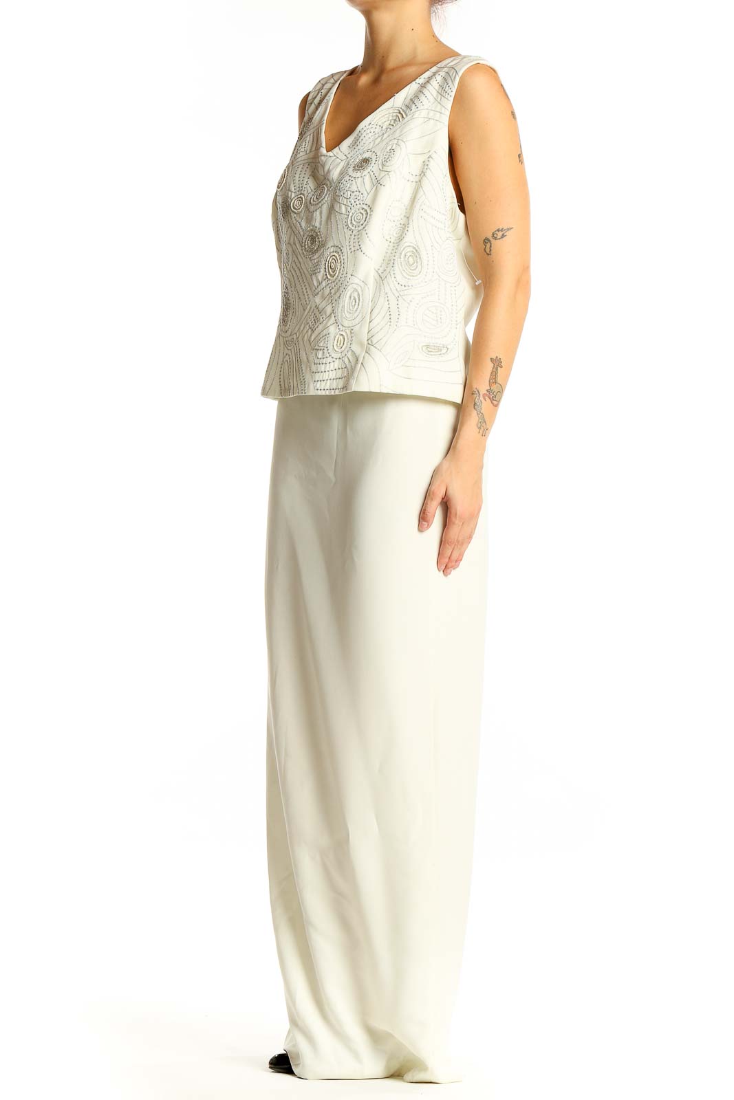 Front view of white R&M Richards maxi dress with embroidered overlay