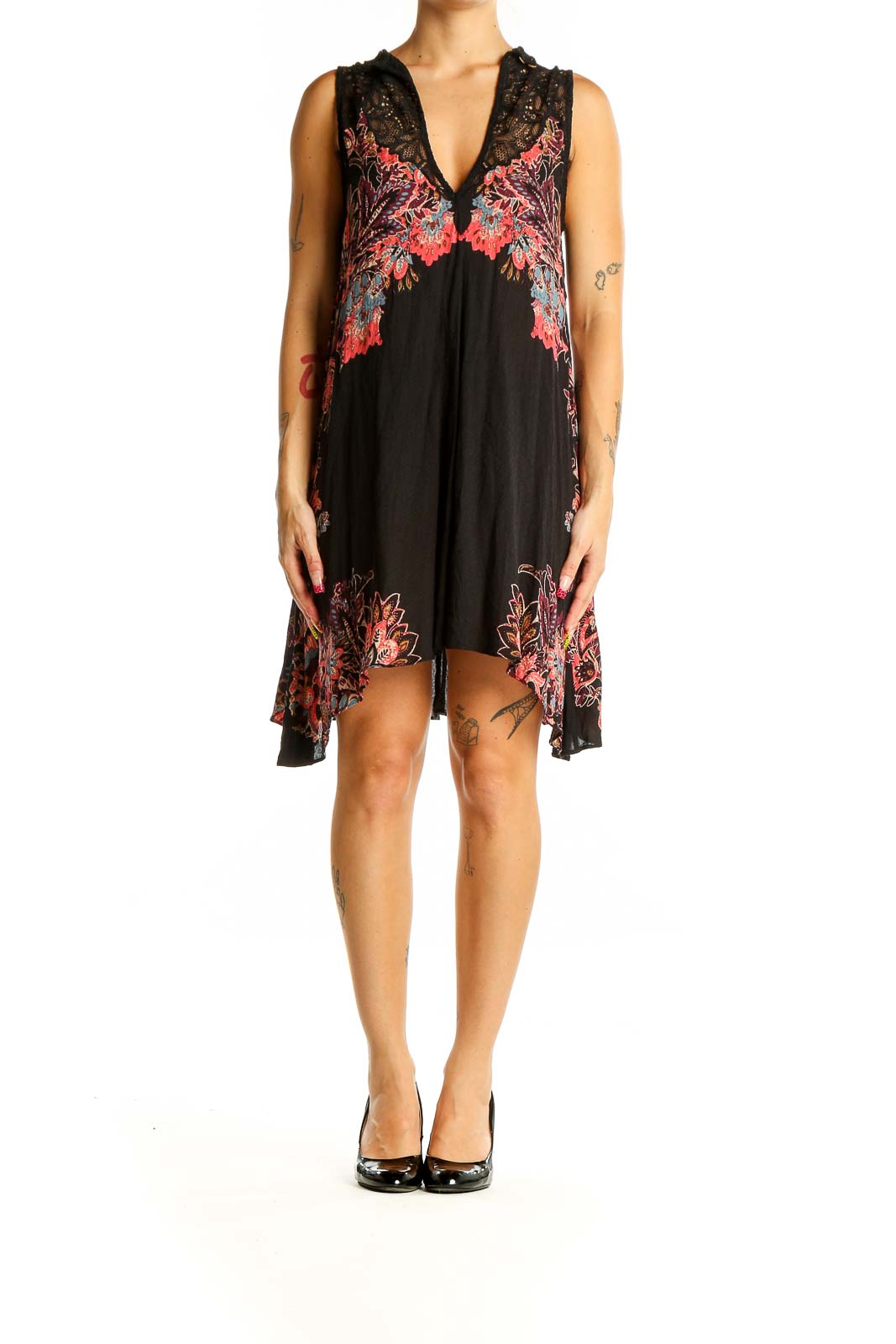 Black Pink Floral Bohemian Dress