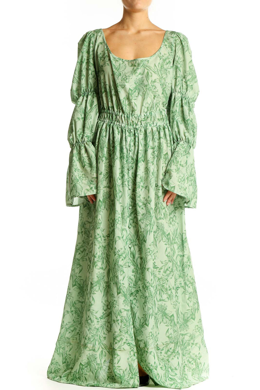 Front view of Eloquii green floral maxi dress with puff sleeves and scoop neckline