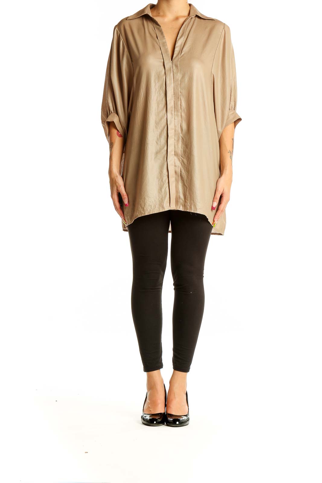 Front view of BCBG MaxAzria beige oversized button-down blouse with dolman sleeves