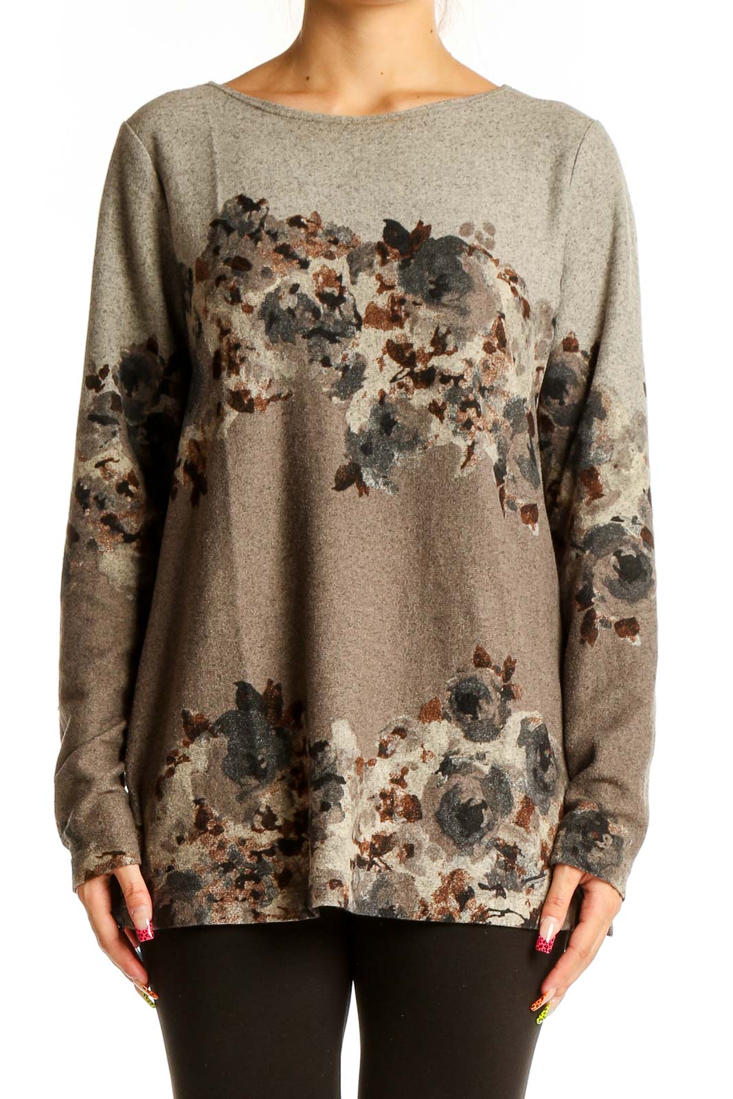 Front view of SimontonSays taupe floral print long sleeve knit top