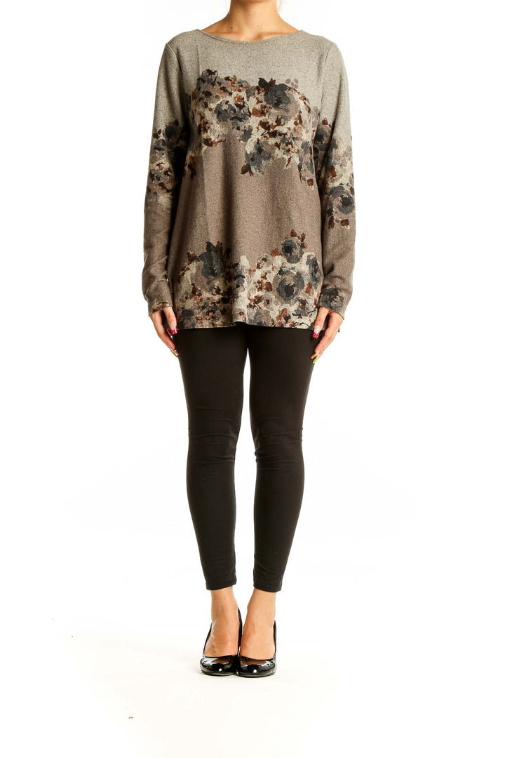 Front view of SimontonSays taupe floral print long sleeve knit top