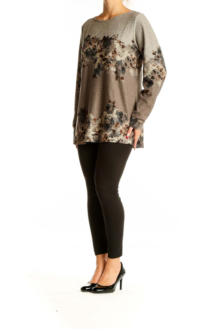 Front view of SimontonSays taupe floral print long sleeve knit top