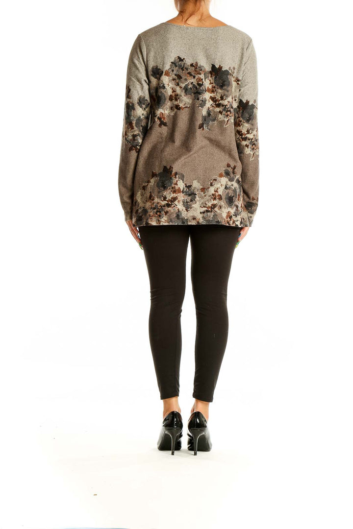 Back view of SimontonSays taupe floral print long sleeve knit top