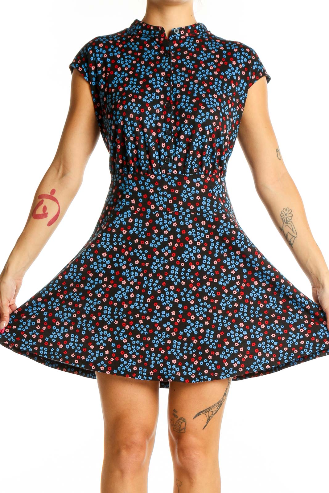 Front view of Boden blue and red floral print mini dress with cap sleeves