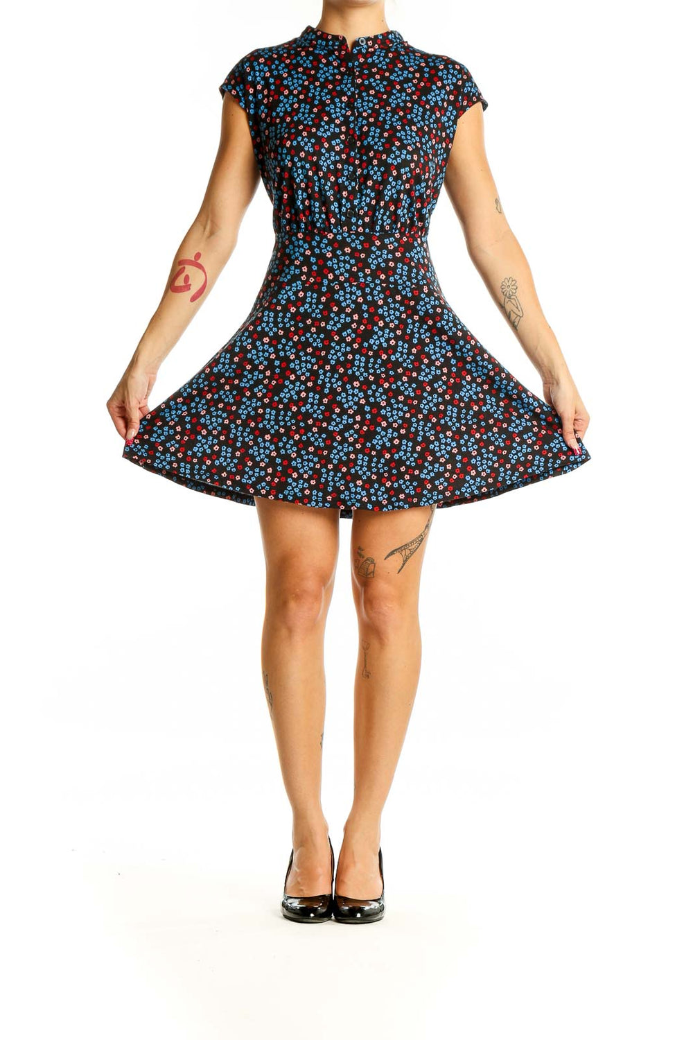 Front view of Boden blue and red floral print mini dress with cap sleeves