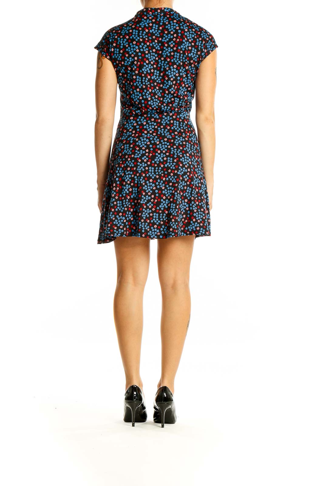 Back view of Boden blue and red floral print mini dress showing fitted silhouette