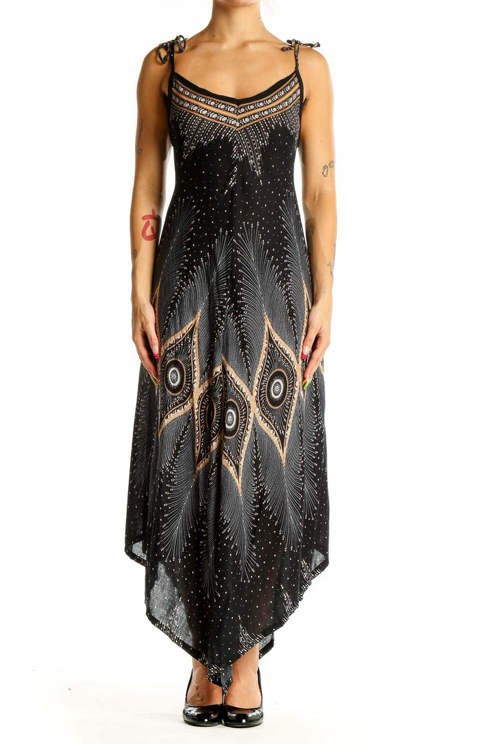 Front view of SilkRoll black maxi dress with bohemian print and tie straps