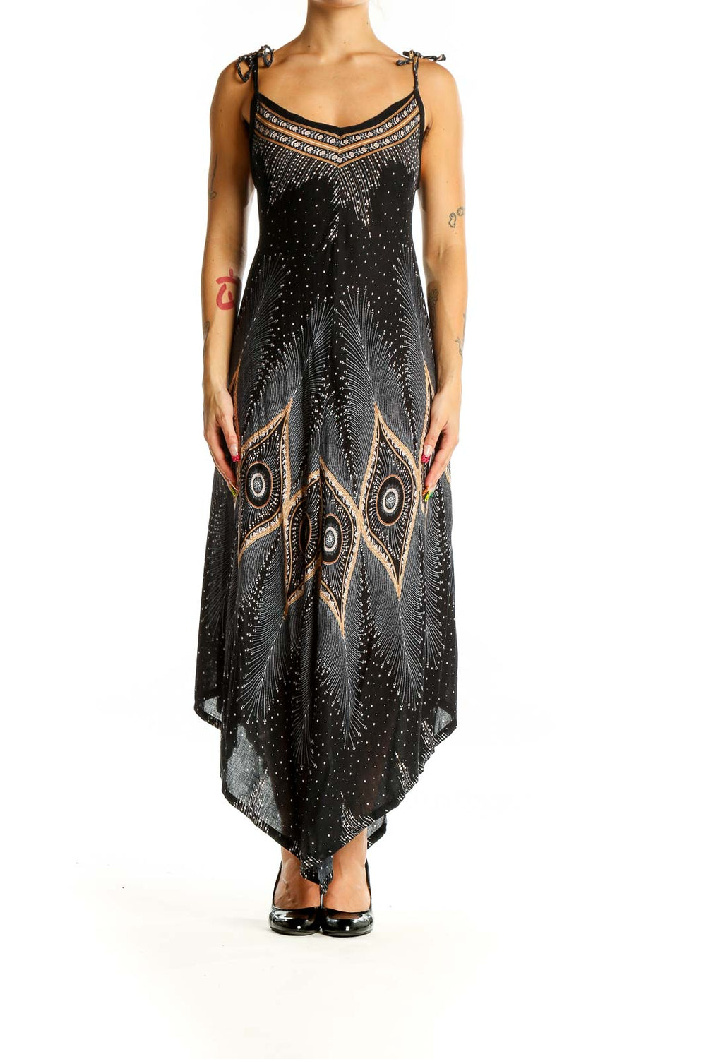 Front view of SilkRoll black maxi dress with bohemian print and tie straps