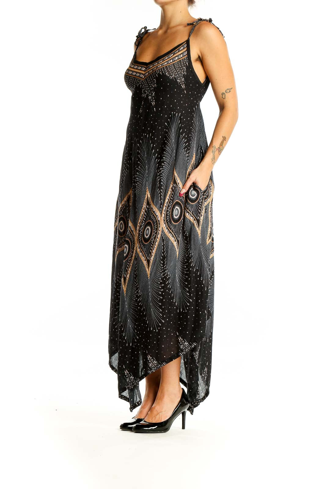 Front view of SilkRoll black maxi dress with bohemian print and tie straps