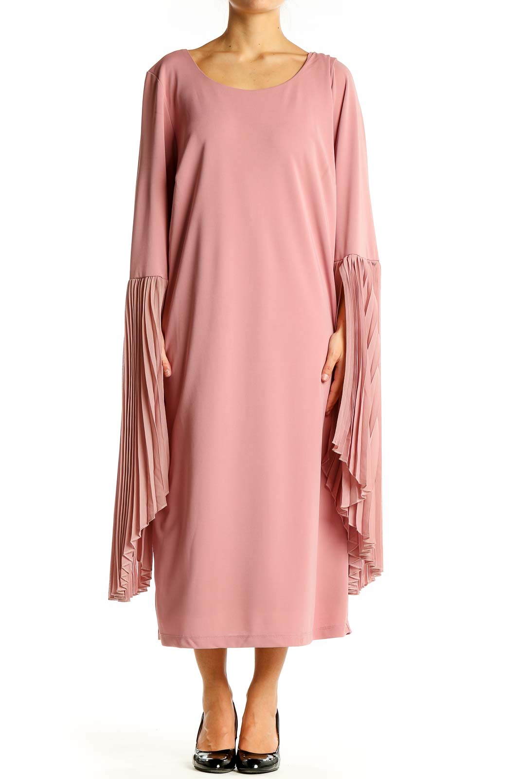 Front view of pink Eloquii midi dress with pleated bell sleeves