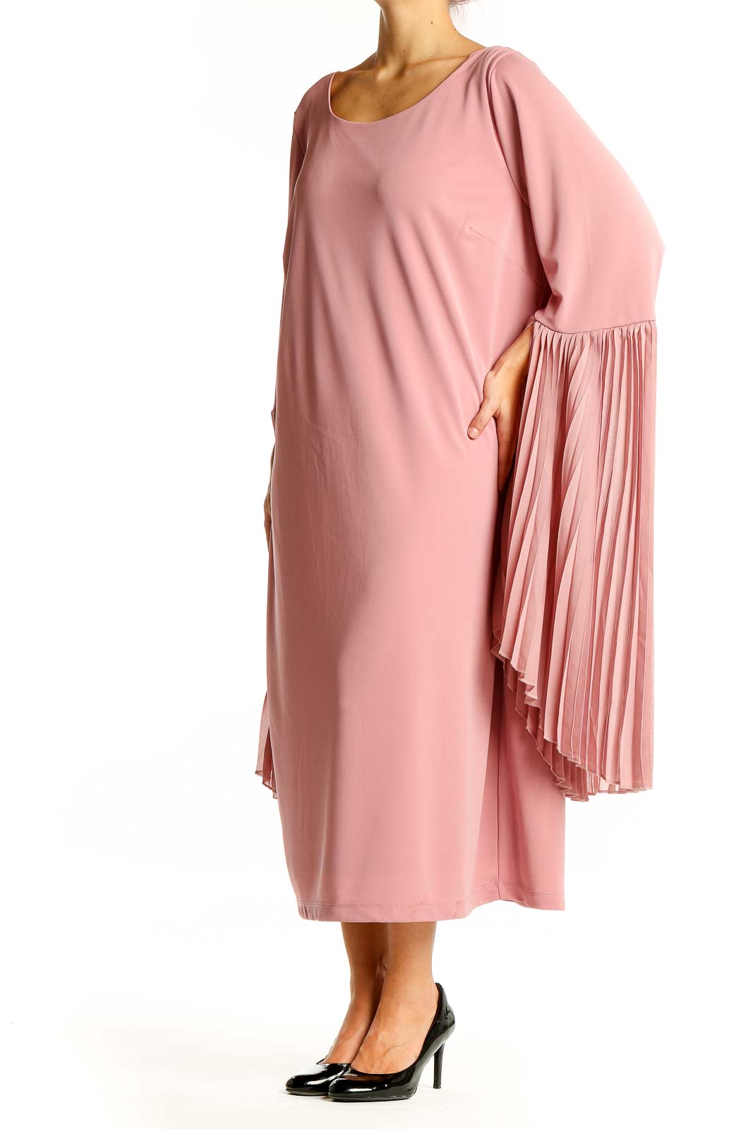 Front view of pink Eloquii midi dress with pleated bell sleeves