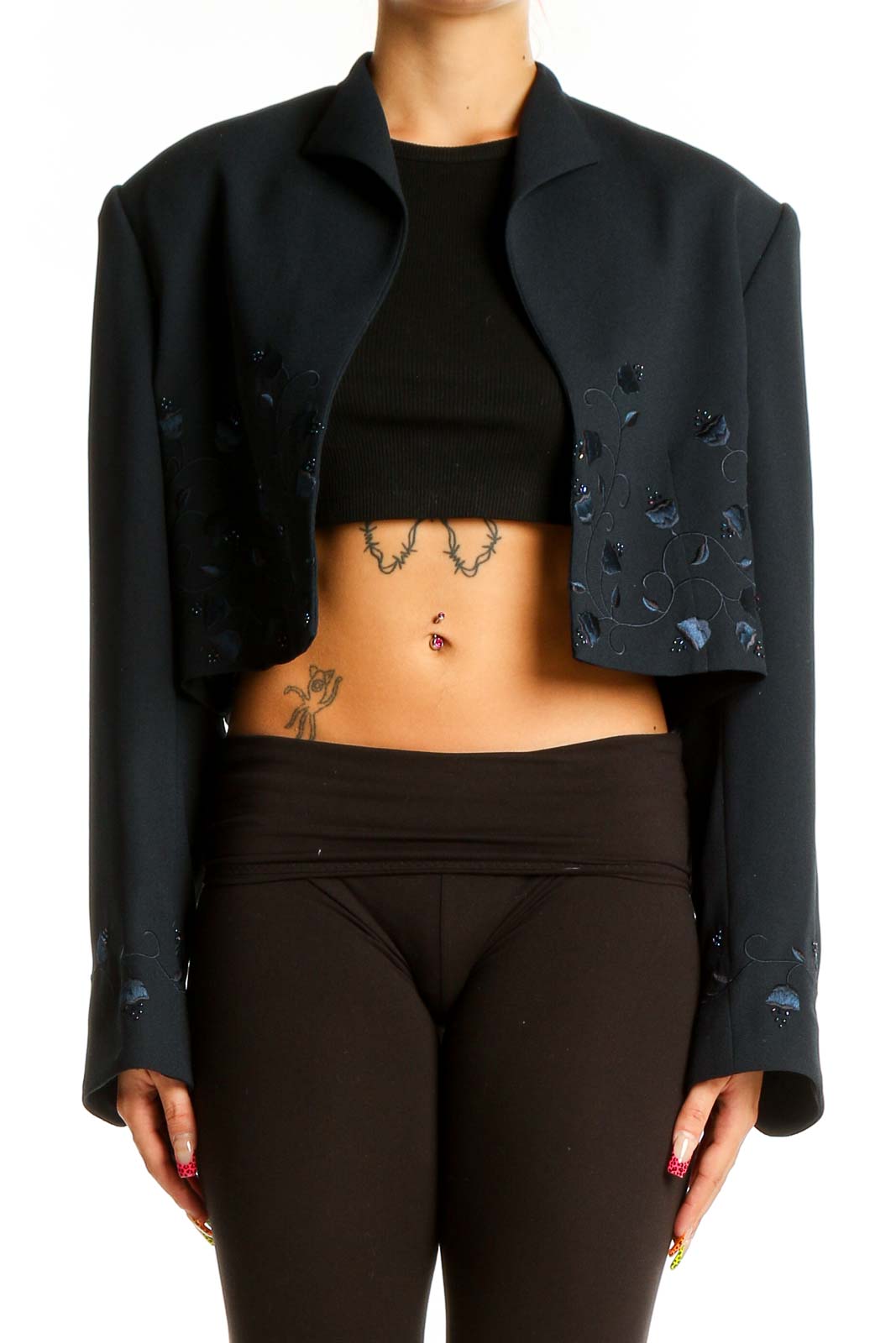 Front view of Adrianna Papell black embellished cropped jacket